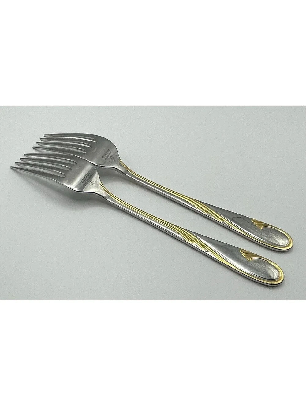 (2) Gorham GOLDEN SWIRL 18/8 Stainless Japan Dinner Fork Lot ~ 7 7/8”